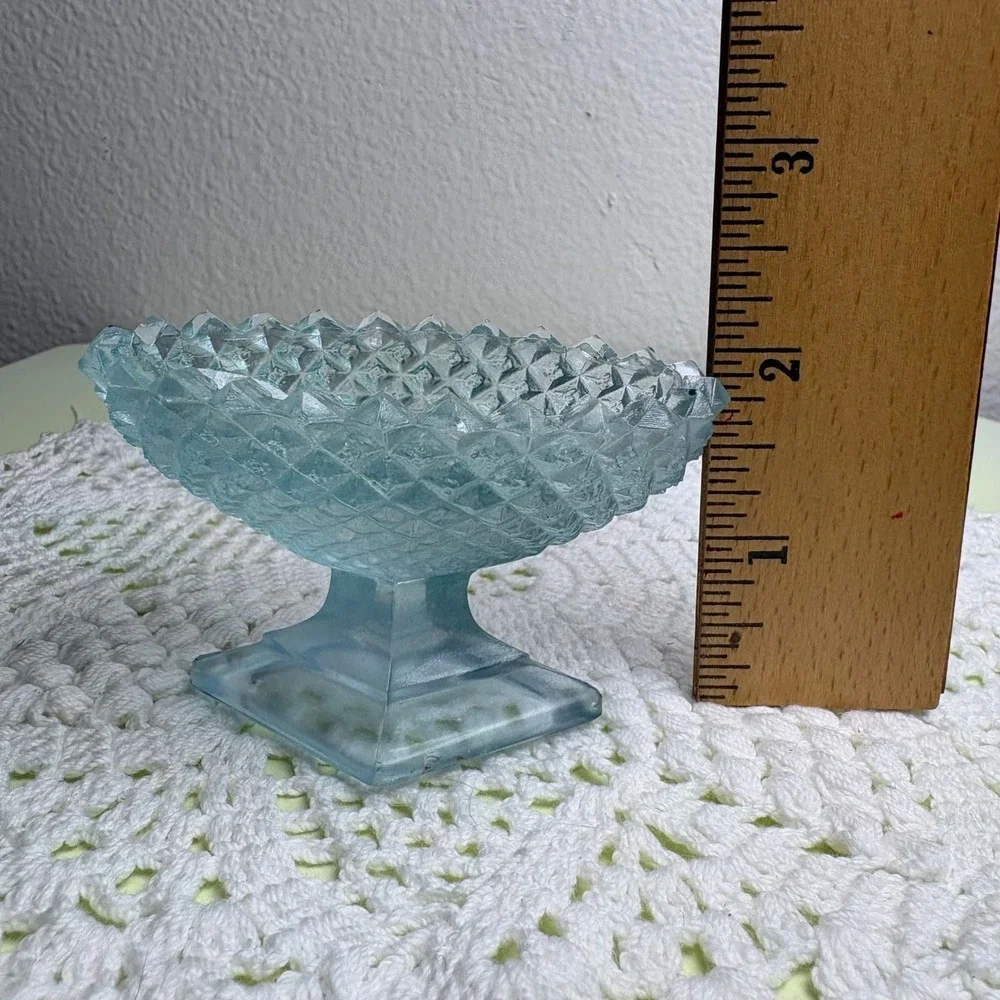 Vintage Blue Salt Dip Dish Trinket Dish Cottagecore Diamond Point Pressed Glass